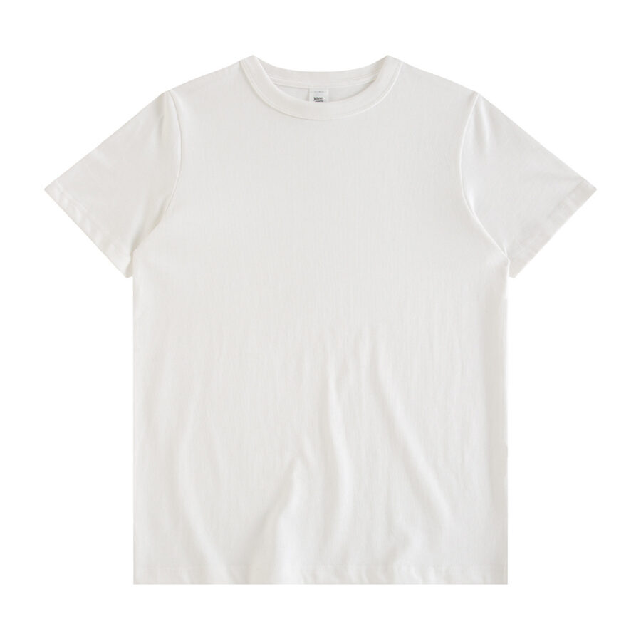 person wearing a white basic cotton t-shirt.